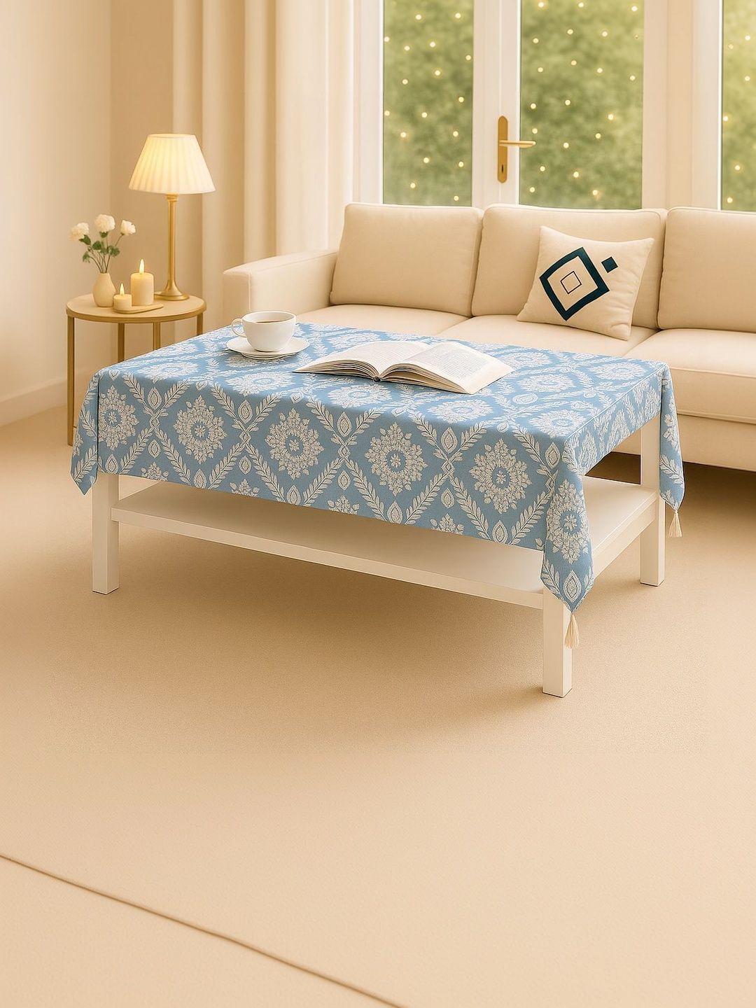 THROWPILLOW Grey Floral Anti-Slip 8-Seater Table Cover with Embellished details-picture-15