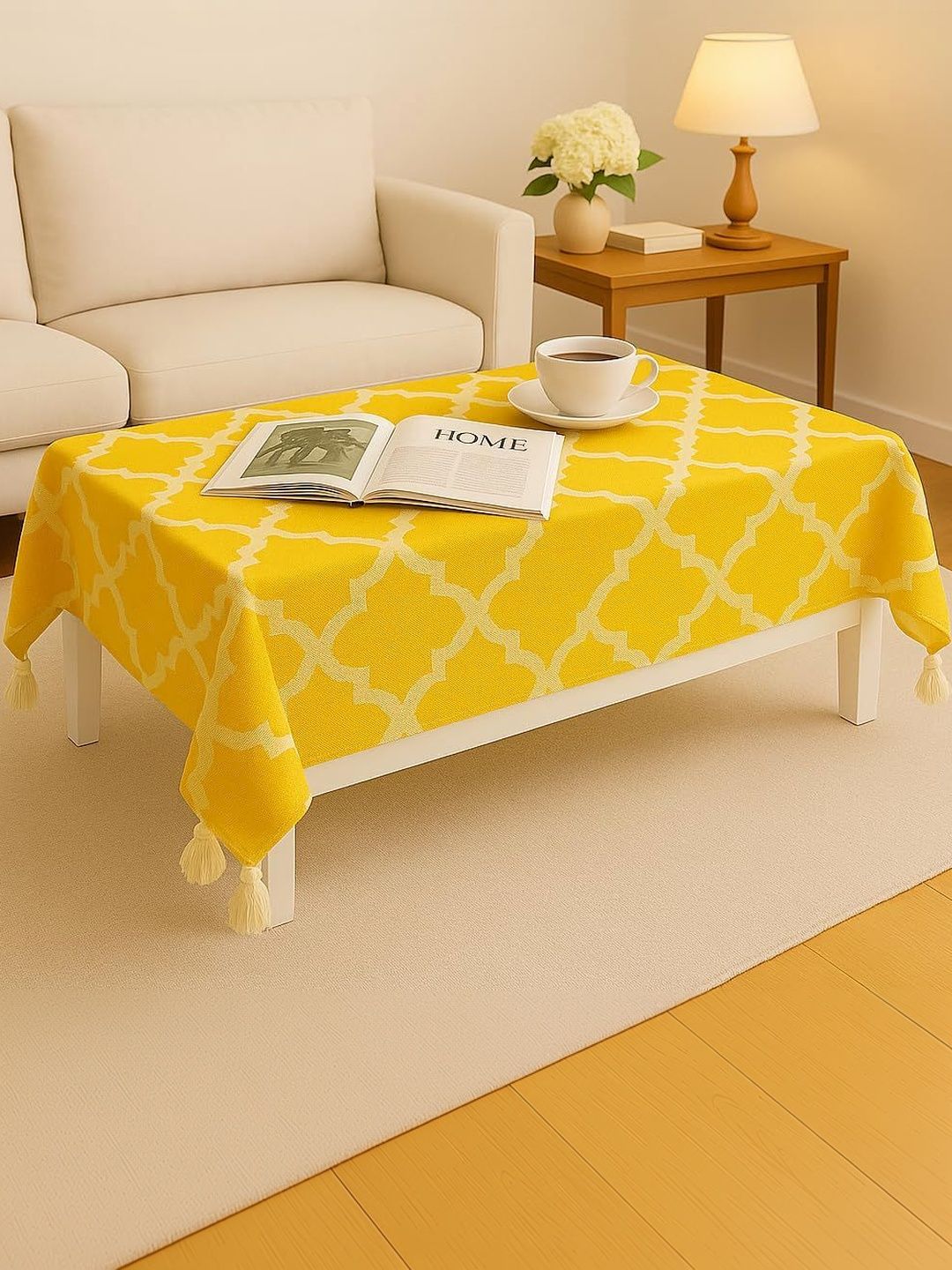 THROWPILLOW Yellow Geometric Printed Anti-Slip 8-Seater Table Cover with Embellished details-picture-48