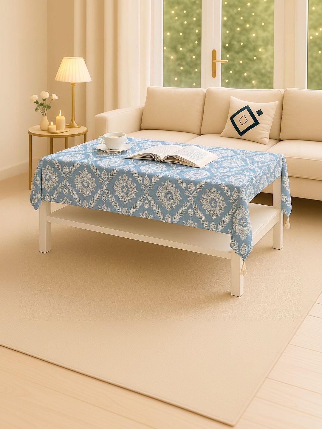 THROWPILLOW Grey Floral Anti-Slip 8-Seater Table Cover with Embellished details-picture-18
