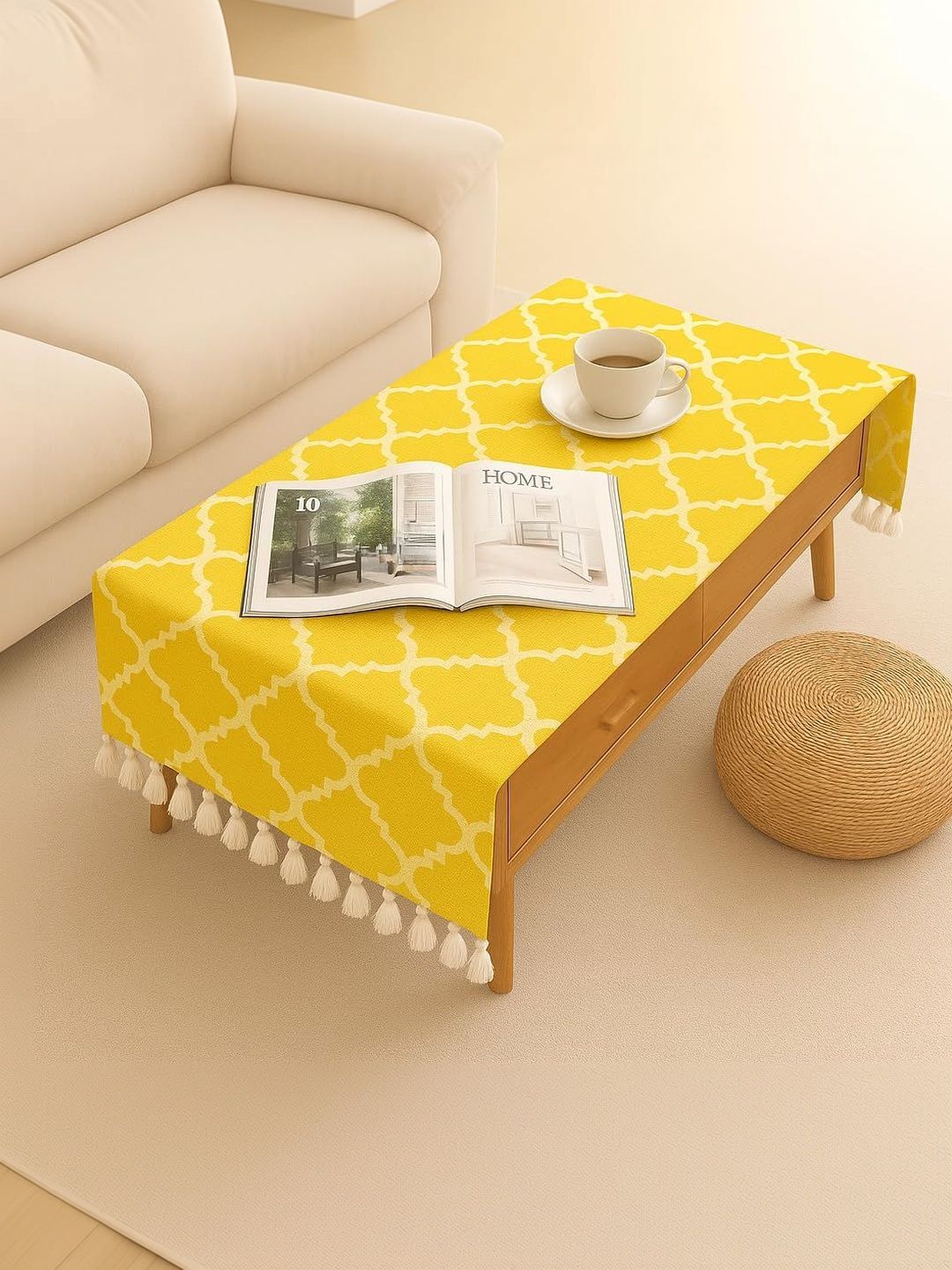 THROWPILLOW Yellow Geometric Printed Anti-Slip 8-Seater Table Cover with Embellished details-picture-30