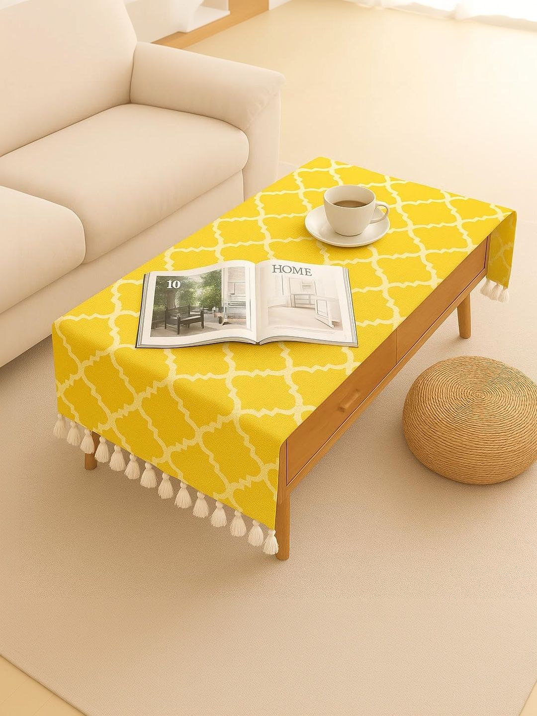 THROWPILLOW Yellow Geometric Printed Anti-Slip 6-Seater Table Cover with Embellished details-picture-52