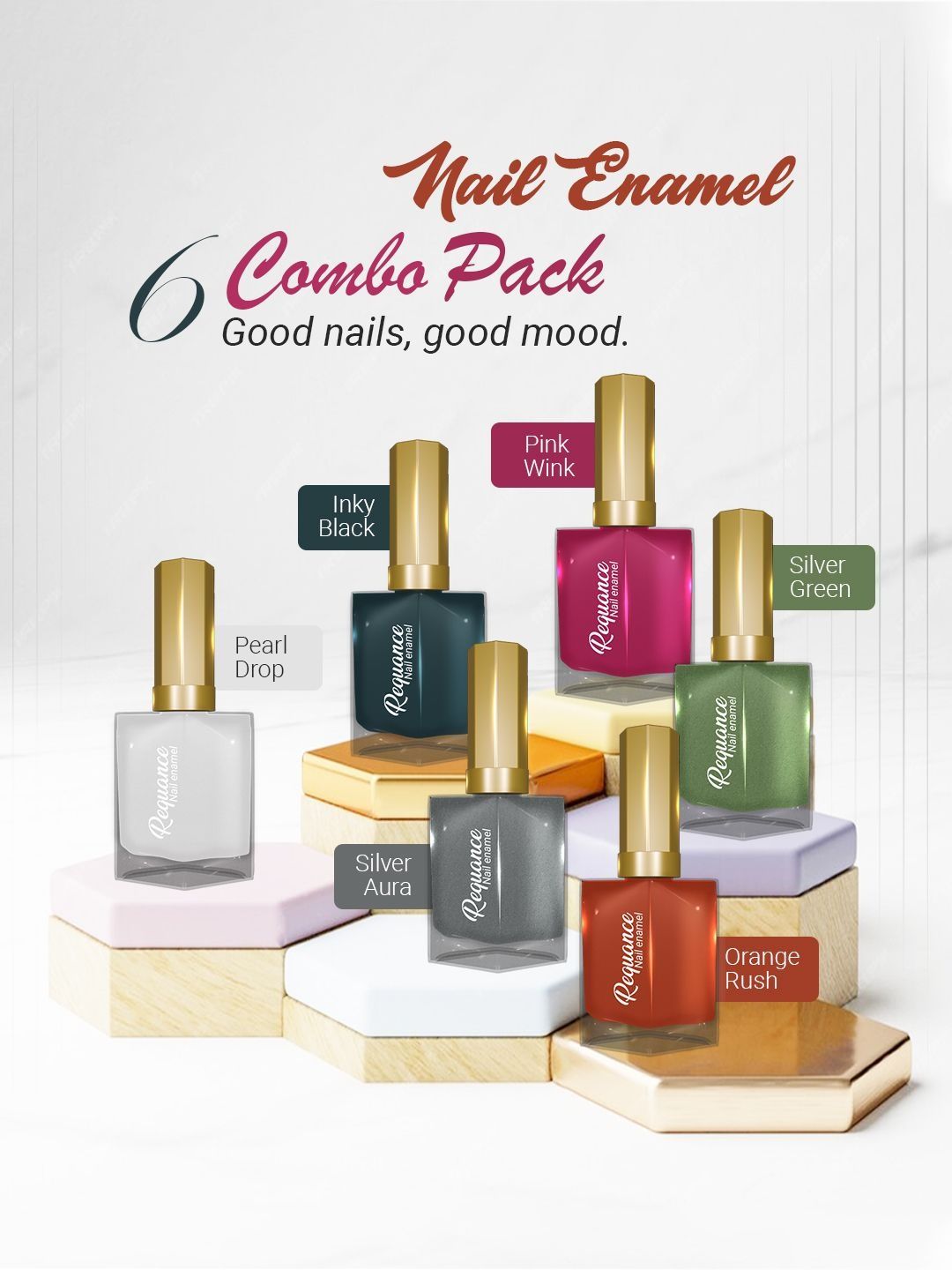 REQUANCE Set Of 6 Quick Dry Nail Polish - 10 ml Each - Inky Black, Pink Wink, Pearl Drop-image-20