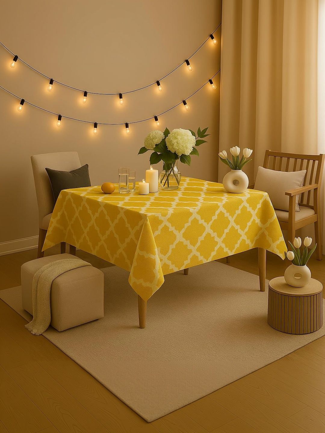 THROWPILLOW Yellow Geometric Printed Anti-Slip 2-Seater Table Cover with Embellished details-image-34