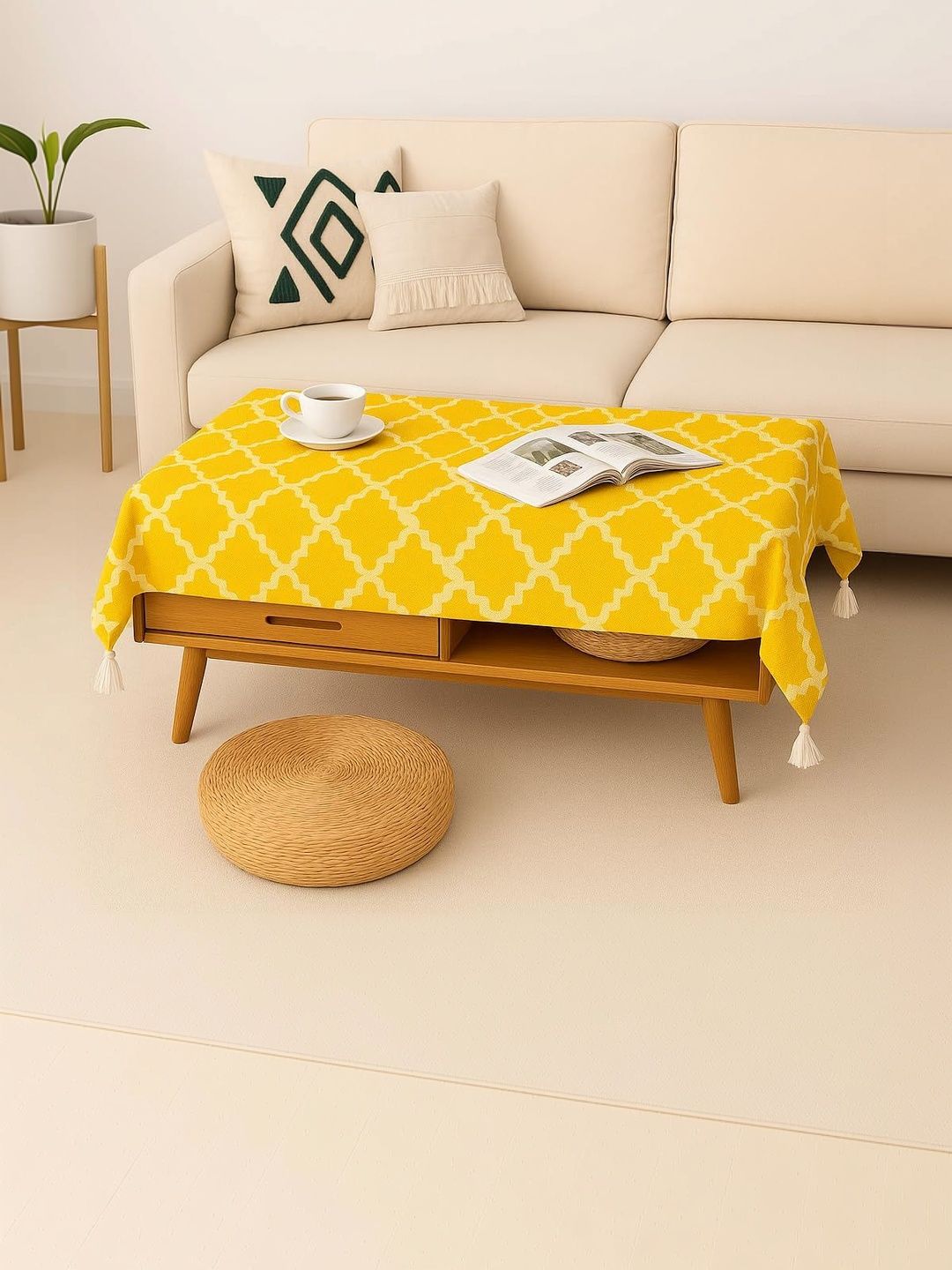 THROWPILLOW Yellow Geometric Printed Anti-Slip 8-Seater Table Cover with Embellished details-image-26