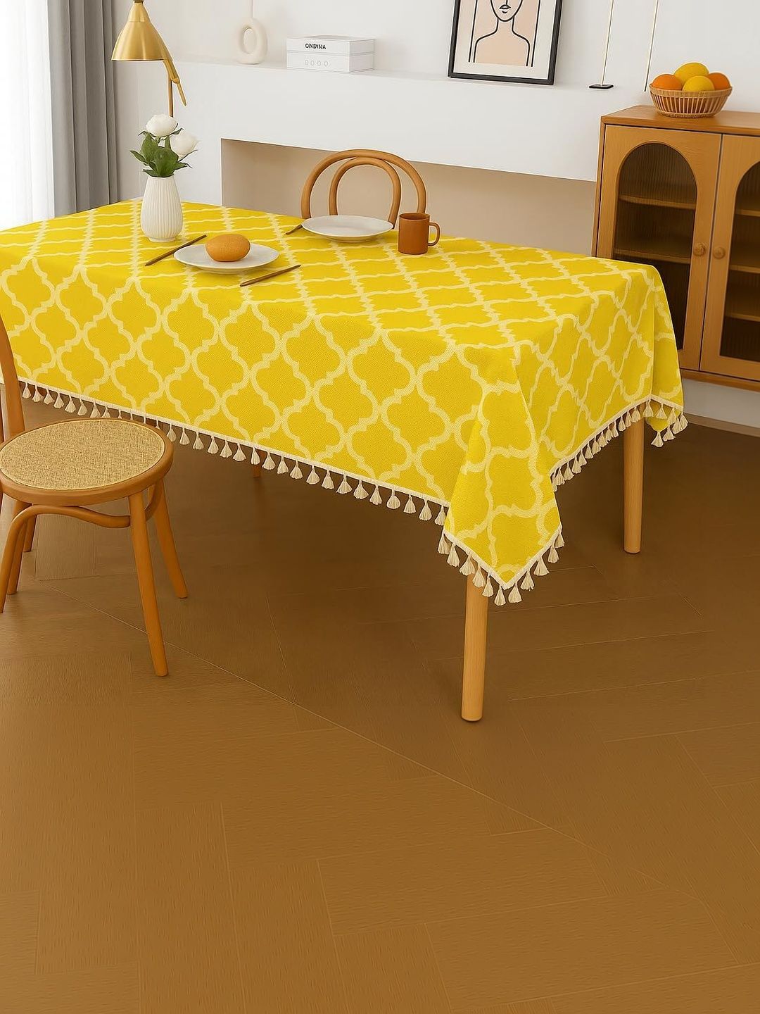 THROWPILLOW Yellow Geometric Printed Anti-Slip 6-Seater Table Cover with Embellished details-picture-38