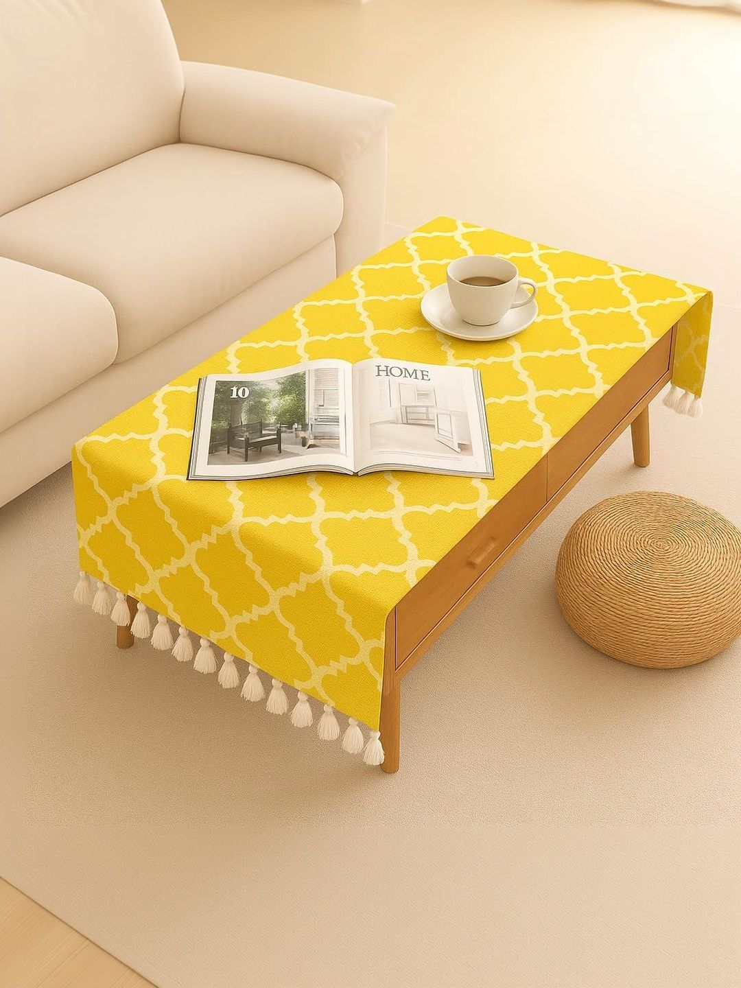 THROWPILLOW Yellow Geometric Printed Anti-Slip 6-Seater Table Cover with Embellished details-picture-27