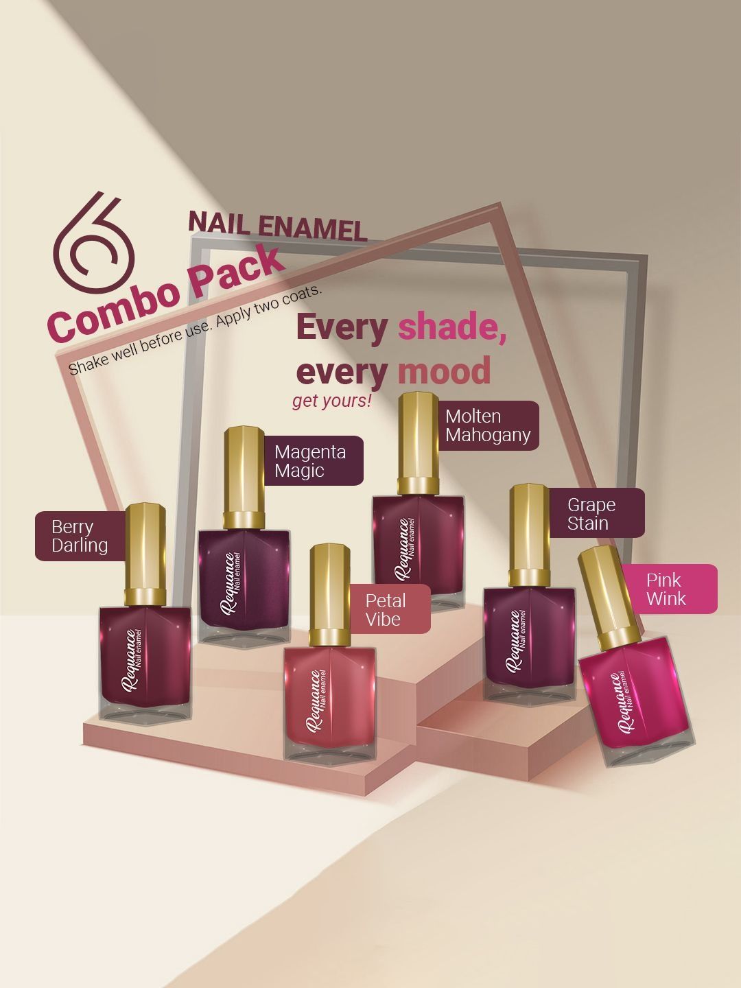 REQUANCE Set Of 6 Quick Dry Nail Polish - 10 ml Each - Berry Darling, Magenta Magic, Petal-image-39