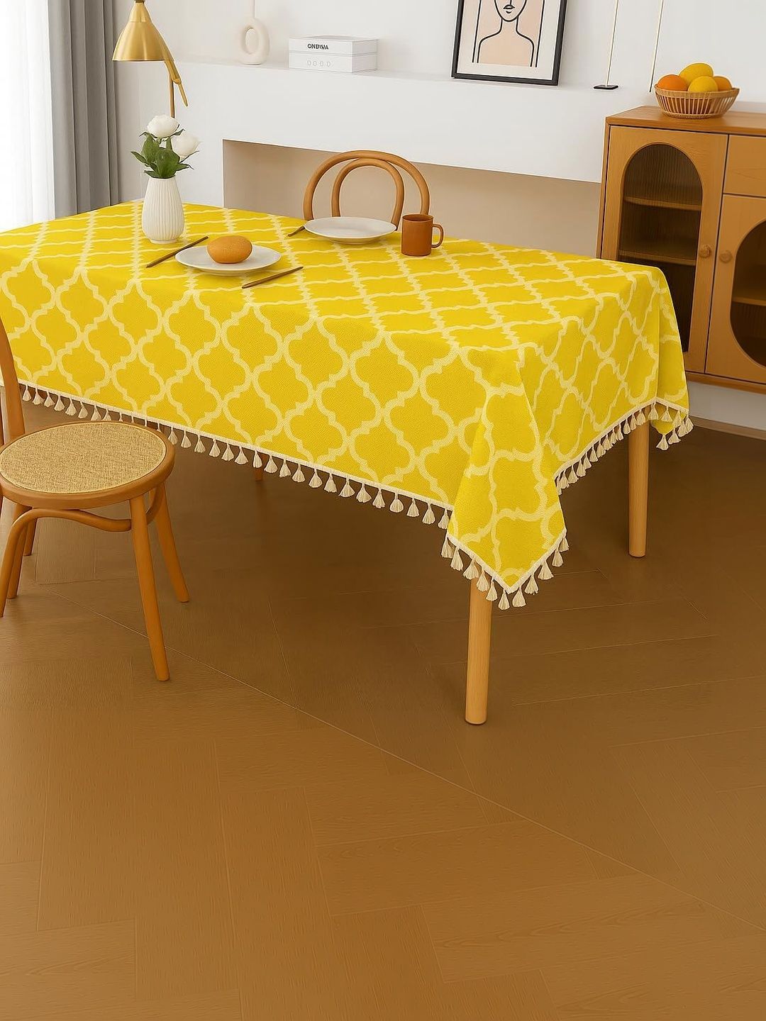 THROWPILLOW Yellow Geometric Printed Anti-Slip 6-Seater Table Cover with Embellished details-picture-29