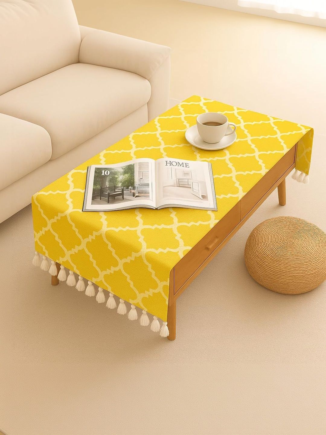 THROWPILLOW Yellow Geometric Printed Anti-Slip 8-Seater Table Cover with Embellished details-picture-33