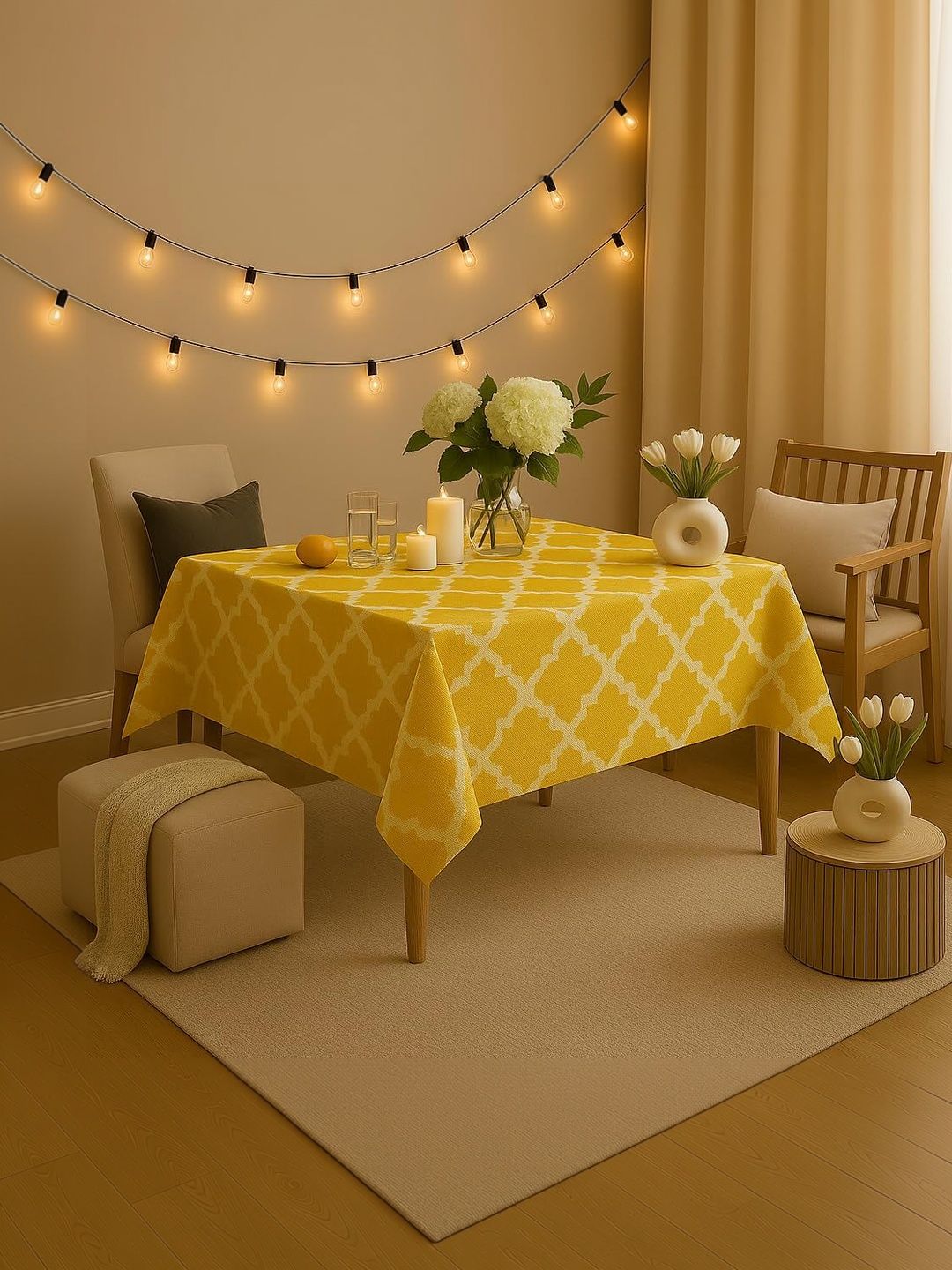 THROWPILLOW Yellow Geometric Printed Anti-Slip 6-Seater Table Cover with Embellished details-picture-43