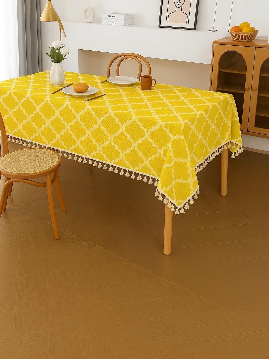 THROWPILLOW Yellow Geometric Printed Anti-Slip 6-Seater Table Cover with Embellished details-picture-36