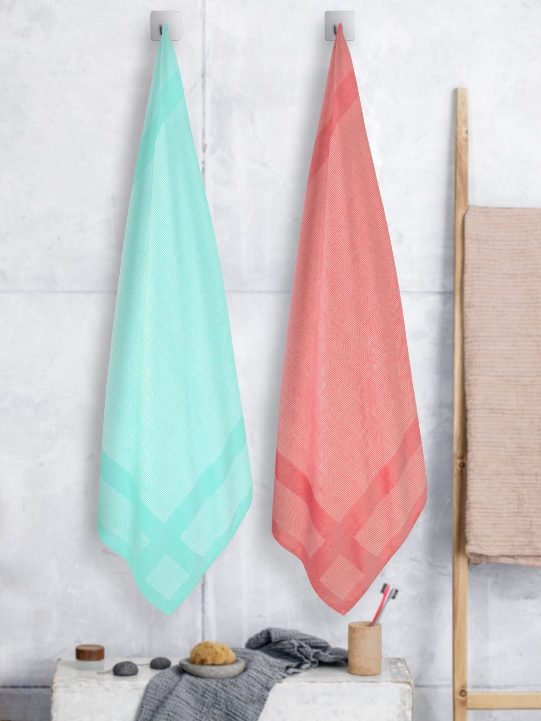 ZAHYA Red 2 Piece Striped Other 250 GSM Towel Set-picture-43