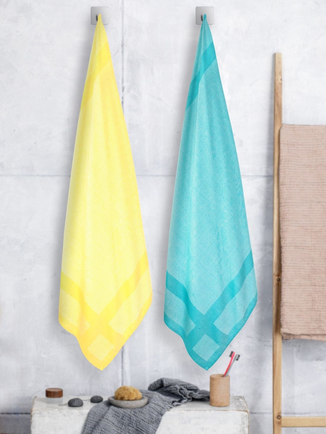 ZAHYA Yellow & Blue 2 Piece Striped Other 250 GSM Towel Set-picture-24