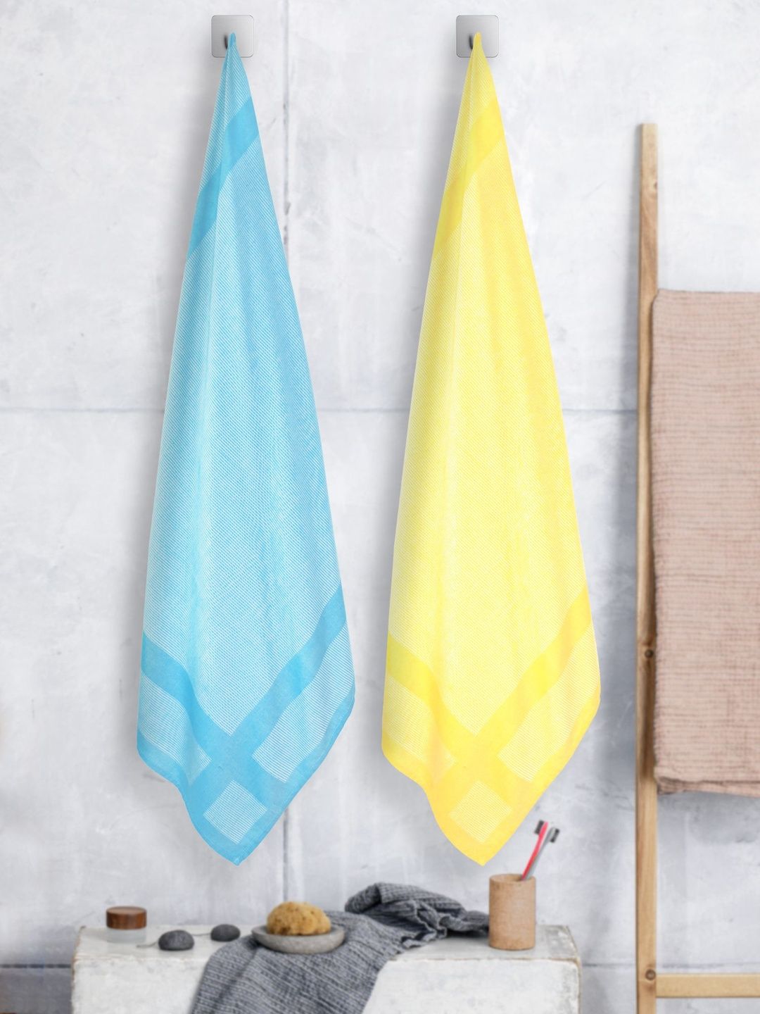 ZAHYA Blue & Yellow 2 Piece Striped Other 250 GSM Towel Set-picture-55