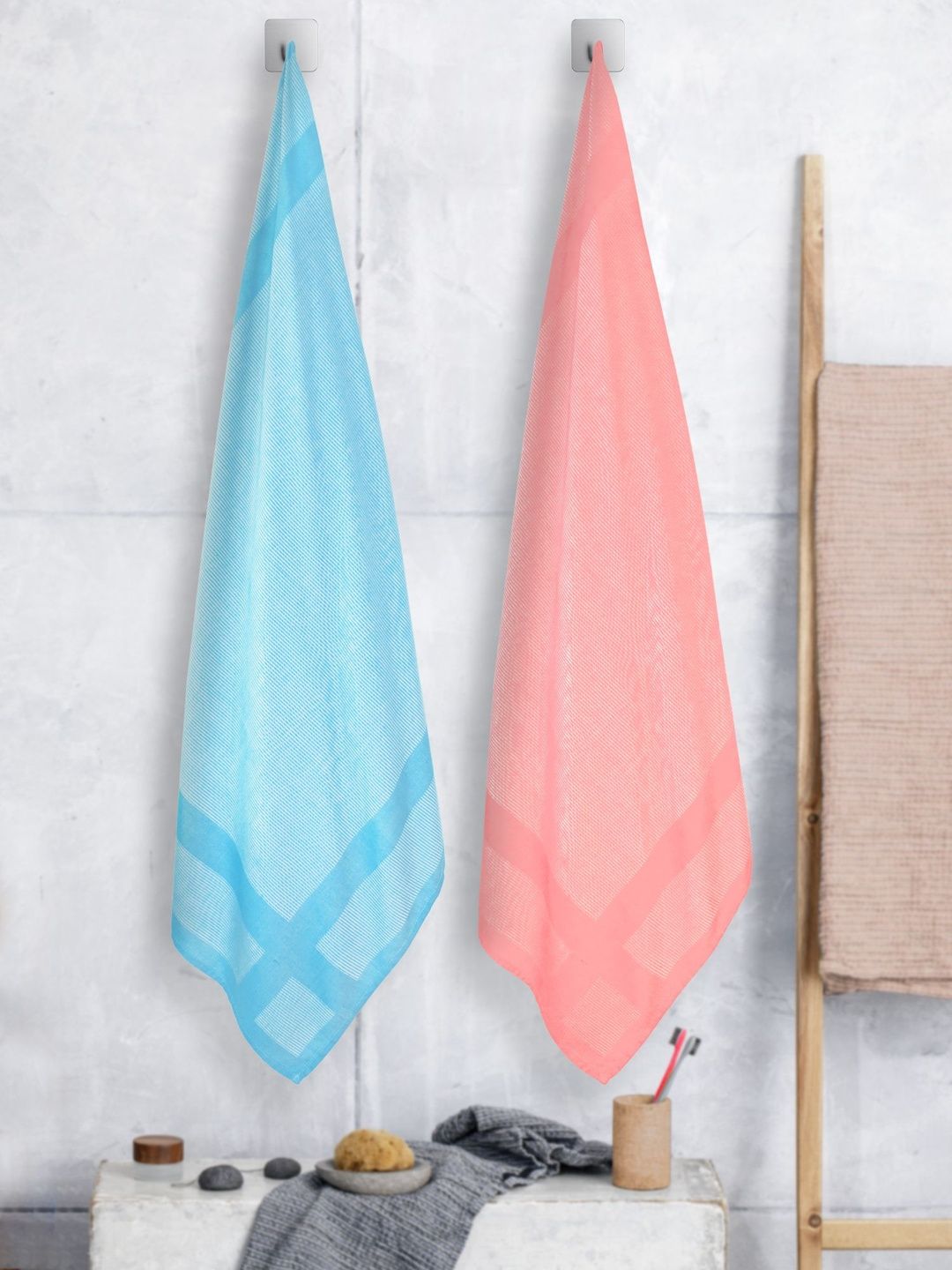 ZAHYA Blue & Pink 2 Piece Striped Other 250 GSM Towel Set-picture-18