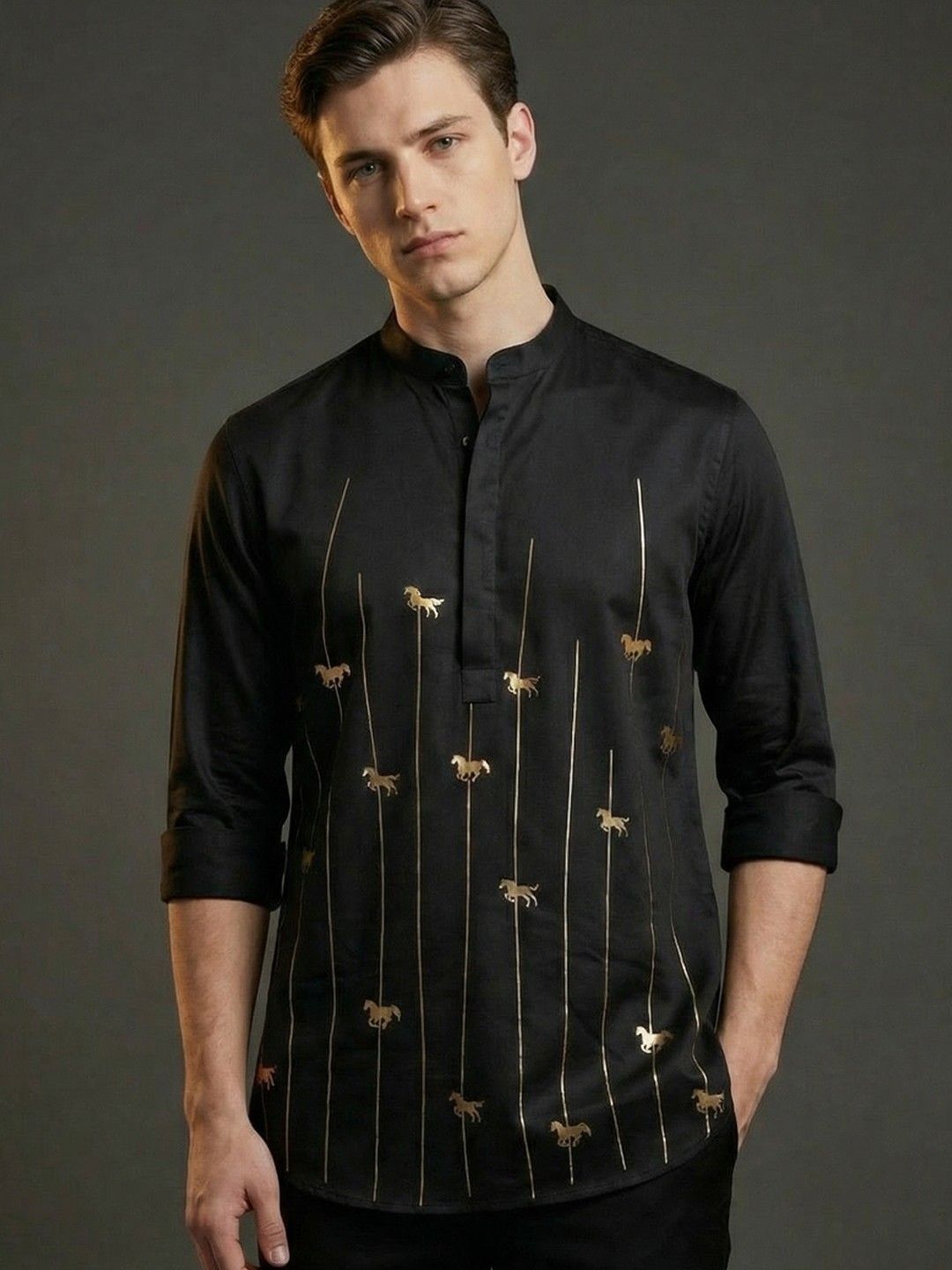 HE SPOKE Men Black Foil Printed Kurta-picture-14
