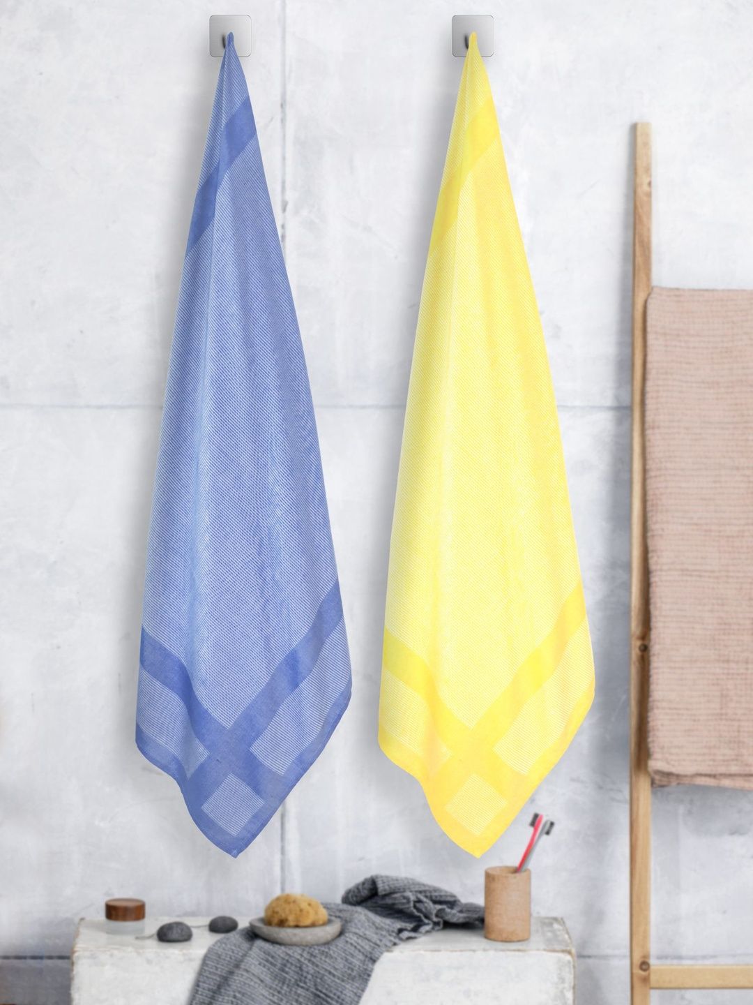 ZAHYA Yellow & Blue 2 Piece Striped Other 250 GSM Towel Set-picture-23