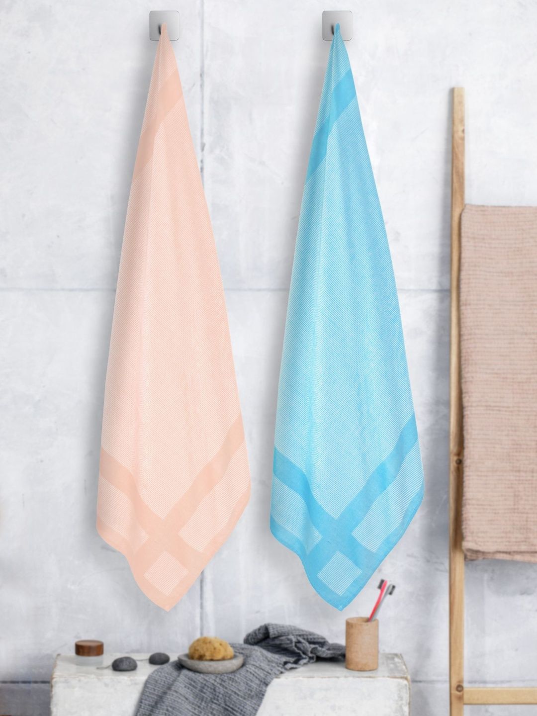 ZAHYA Blue & Peach-Coloured 2 Piece Striped Other 250 GSM Towel Set-picture-25