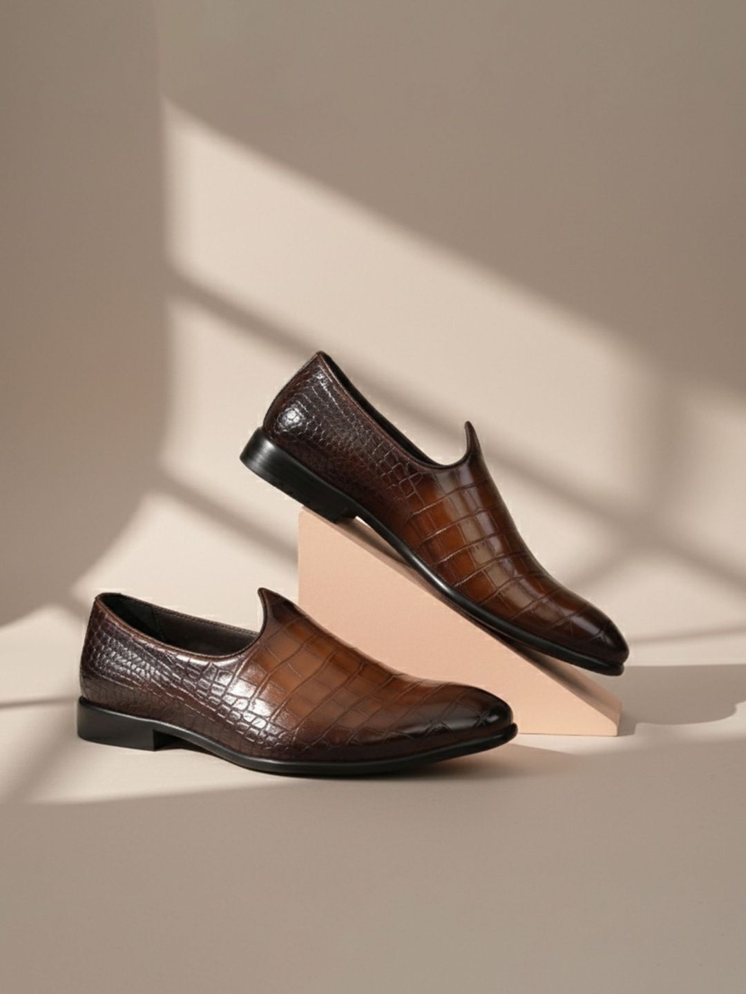 House of Pataudi Men Textured Round Toe Formal Slip-Ons