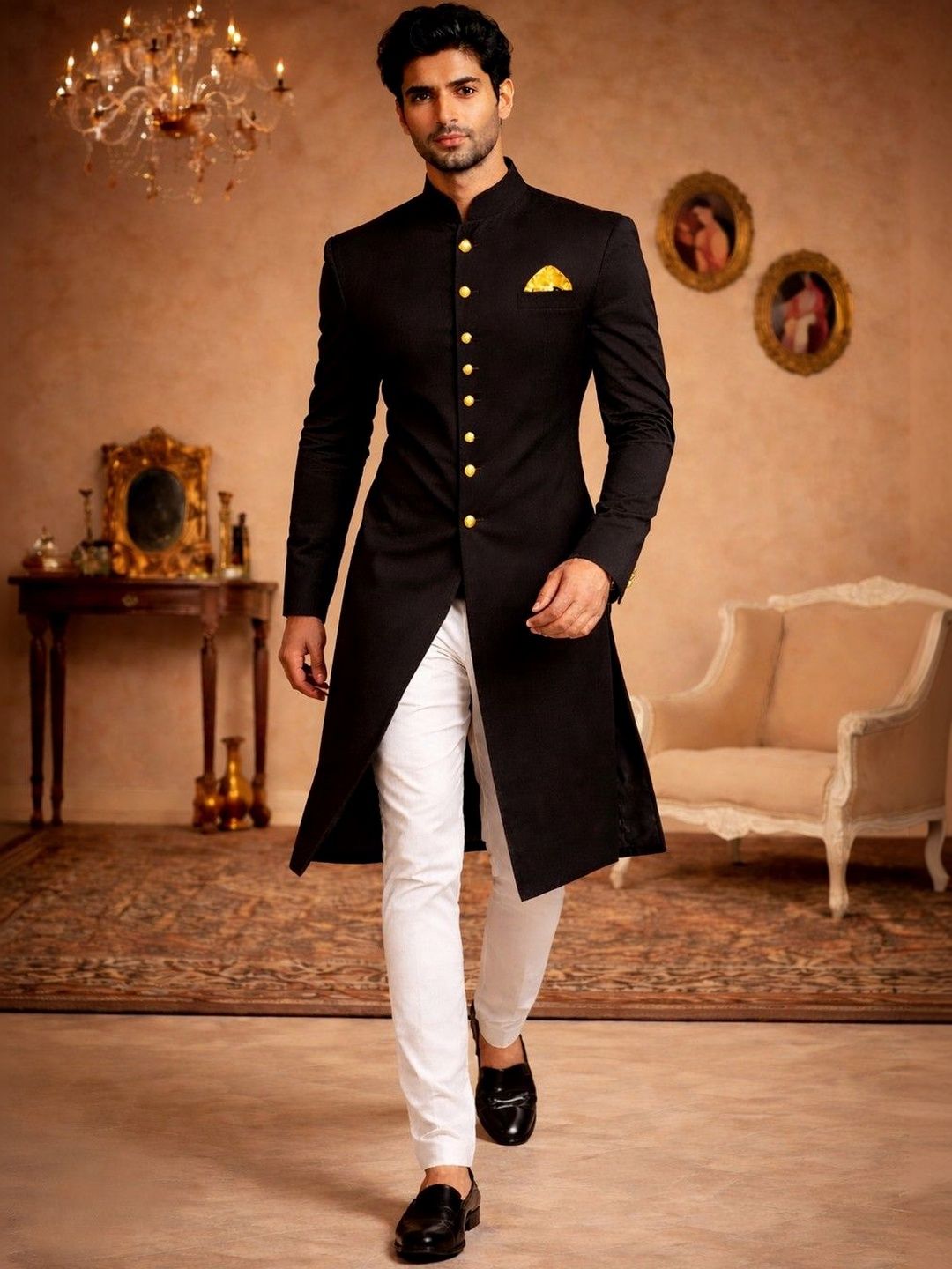 House of Pataudi Pure Cotton Mandarin Collar Sherwani Set