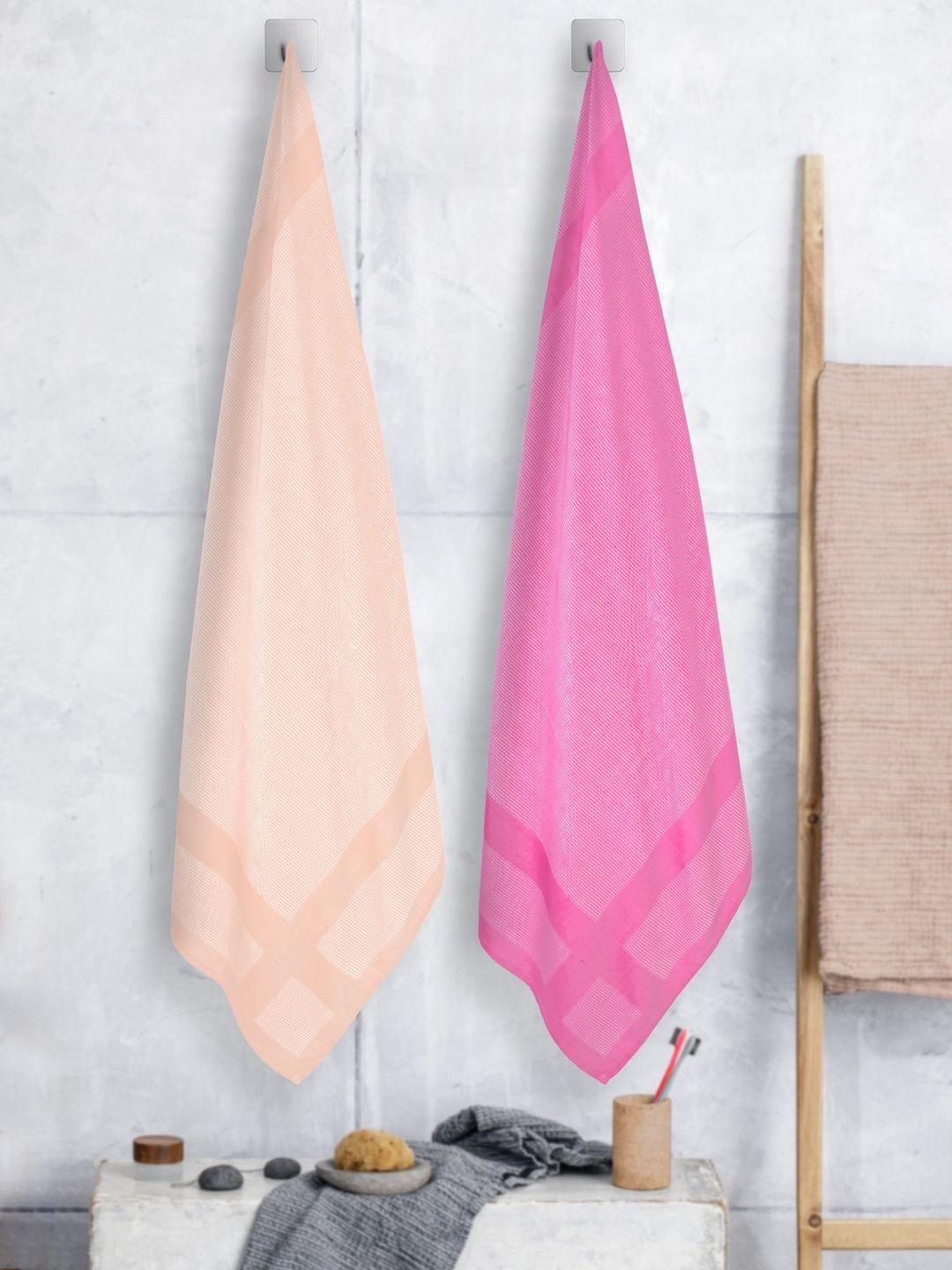 ZAHYA Pink & Beige 2 Piece Striped Other 250 GSM Towel Set-picture-15