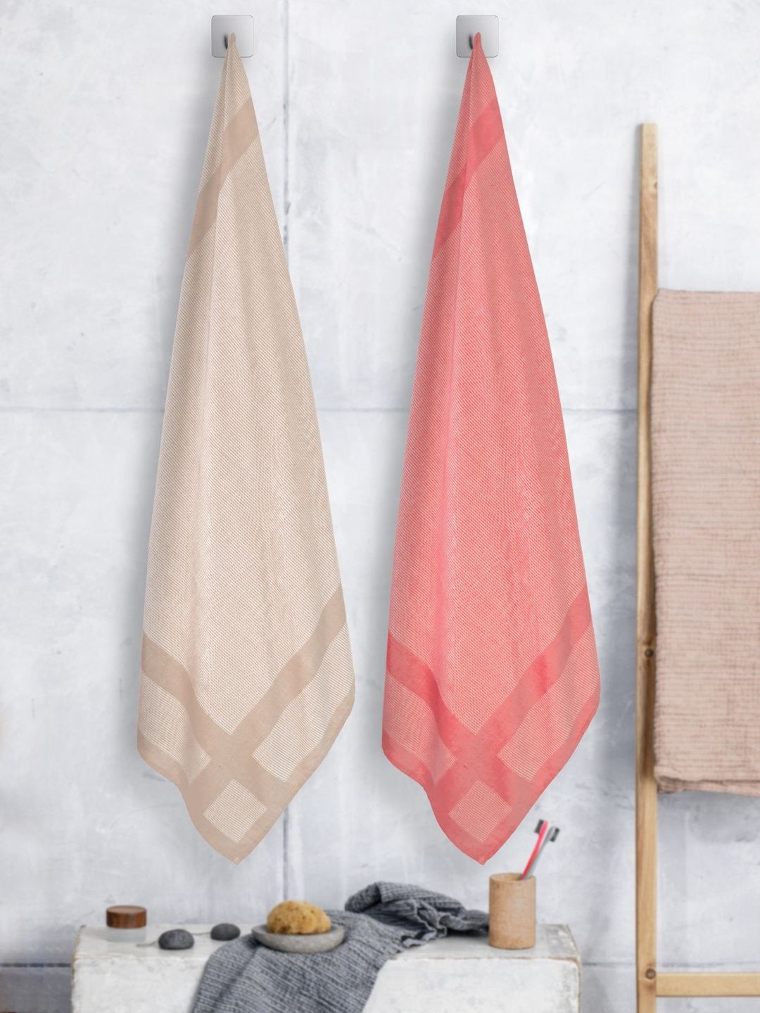 ZAHYA Red & Beige 2 Piece Striped Other 250 GSM Towel Set-picture-36