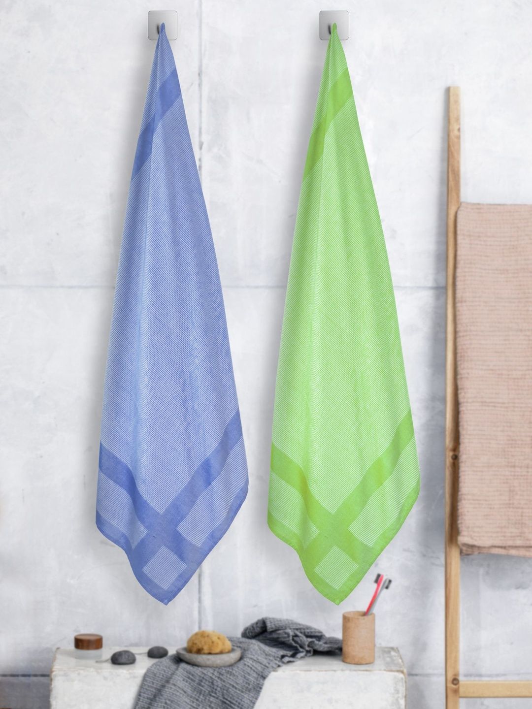 ZAHYA Navy Blue & Green 2 Piece Striped Other 250 GSM Towel Set-picture-50