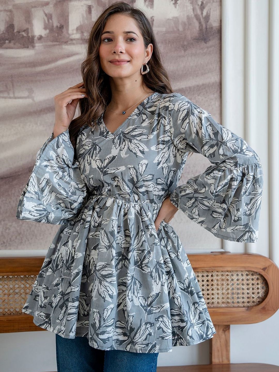 DAEVISH Floral Print Flared Sleeve Cotton Top-picture-14