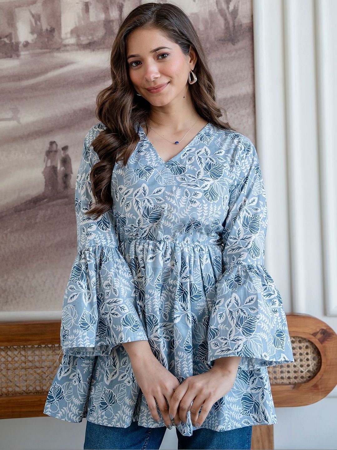 DAEVISH Floral Print Flared Sleeve Cotton Top-picture-15