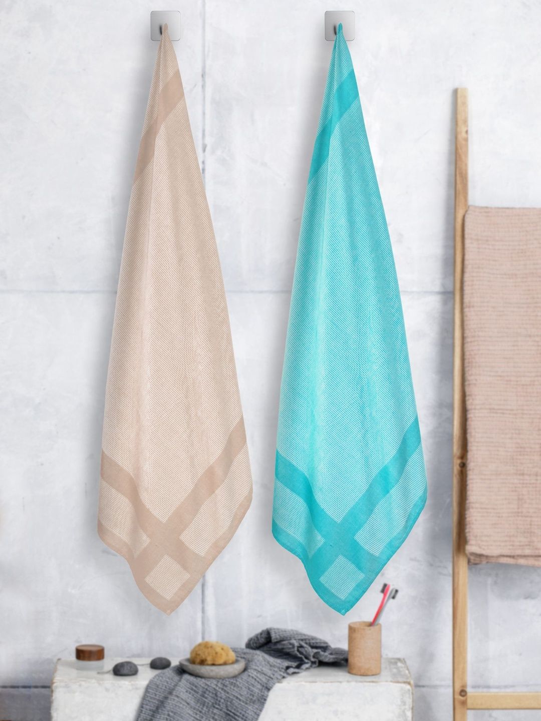 ZAHYA Green & Beige 2 Piece Striped Other 250 GSM Towel Set-image-35