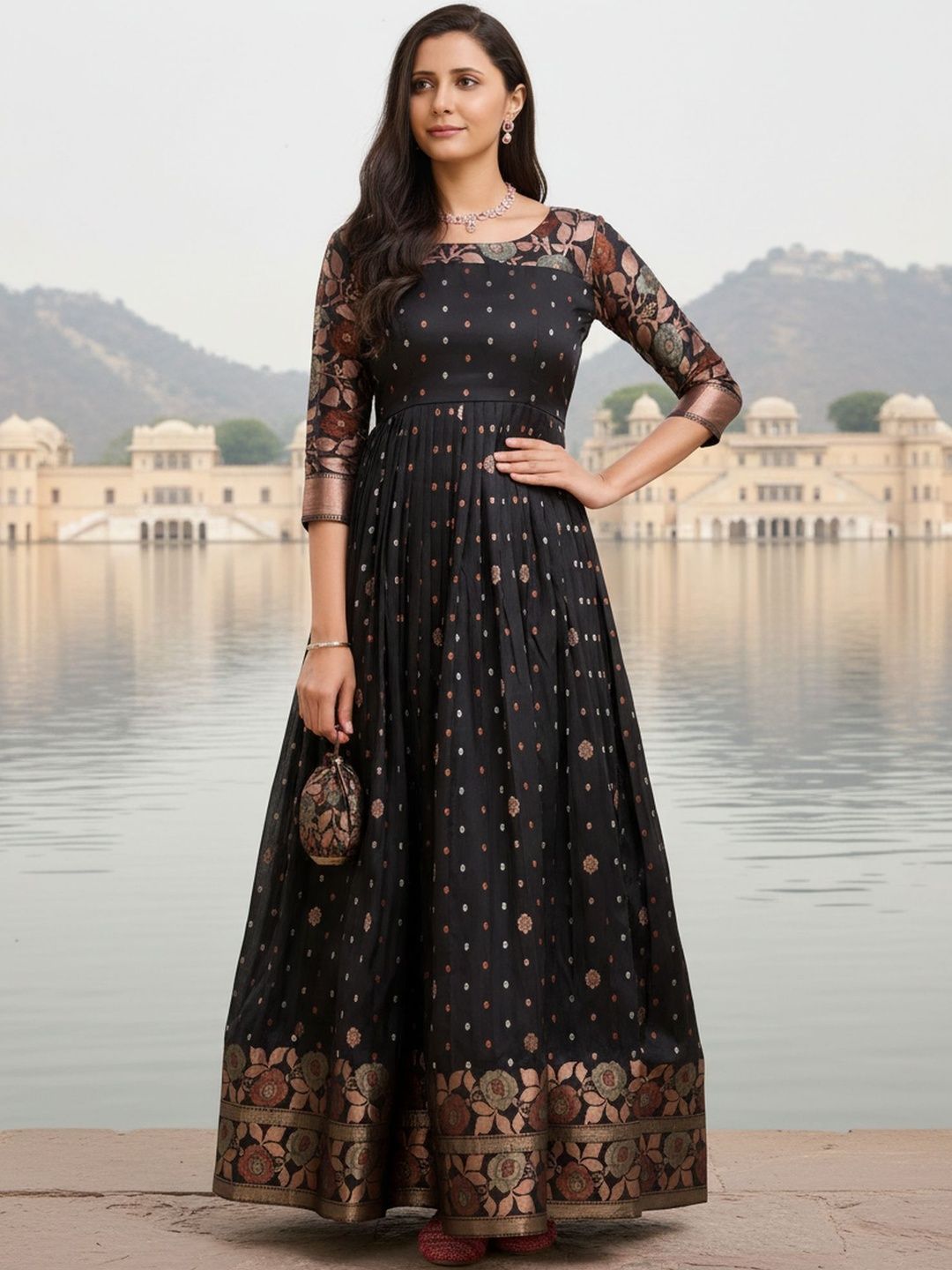 HERE&NOW Woven Design Round Neck Fit and Flare Maxi Dress-picture-35