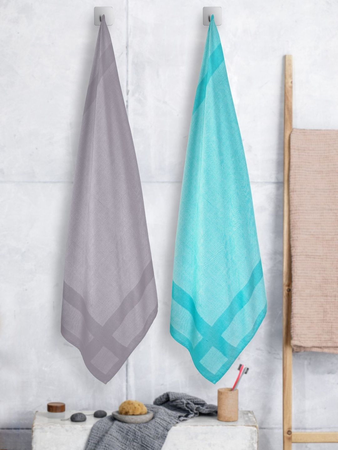 ZAHYA Grey & Turquoise Blue 2 Piece Striped Other 250 GSM Towel Set-picture-21