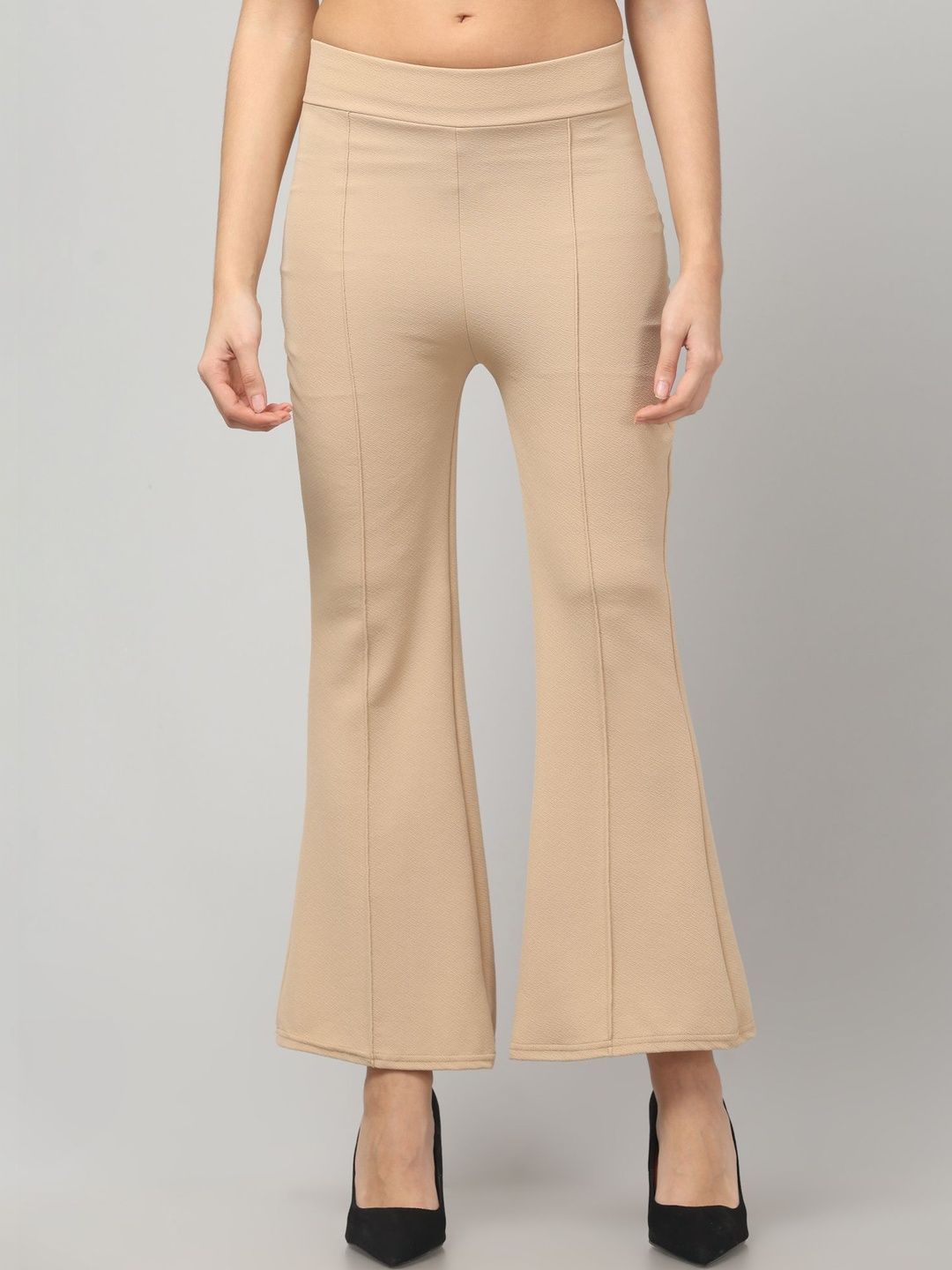 CROWN KING Women Flared High-Rise Wrinkle Free Trousers-picture-56
