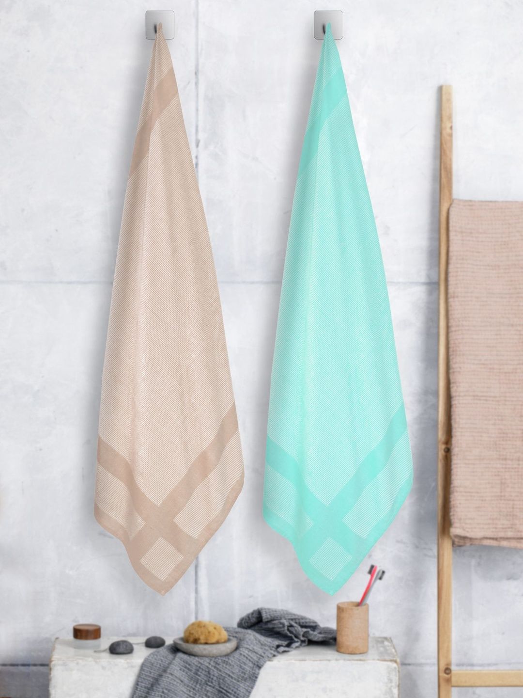 ZAHYA Green & Beige 2 Piece Striped Other 250 GSM Towel Set-picture-37