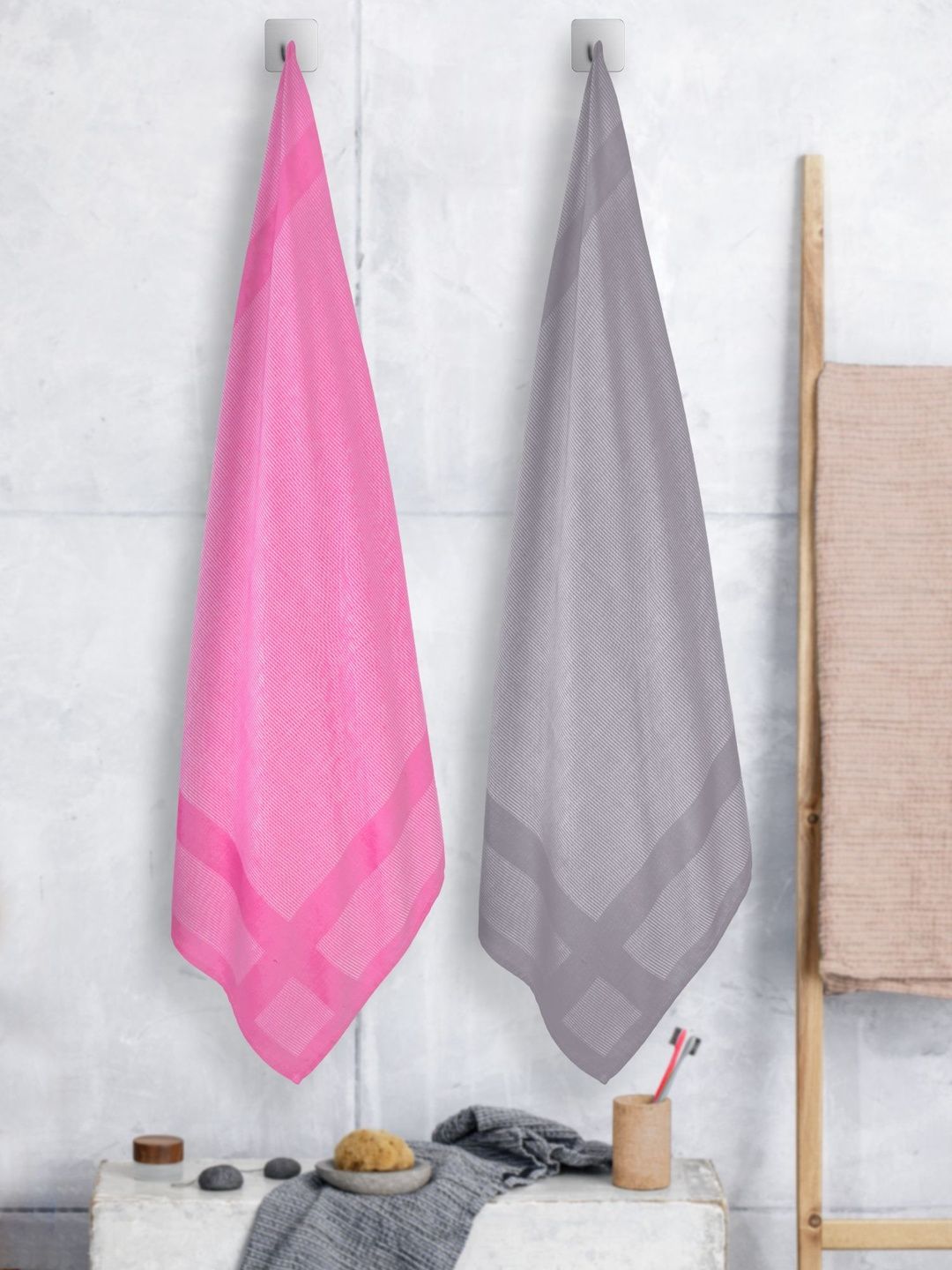 ZAHYA Pink & Grey 2 Piece Striped Other 250 GSM Towel Set-picture-51