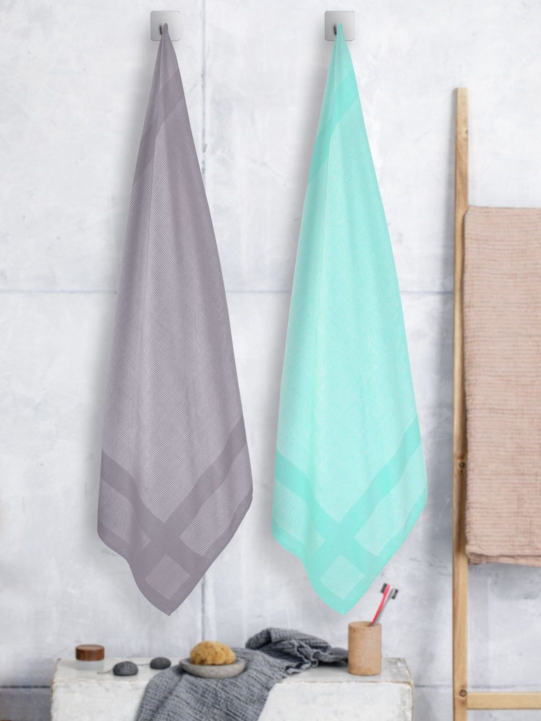 ZAHYA Grey & Blue 2 Piece Striped Other 250 GSM Towel Set-picture-11