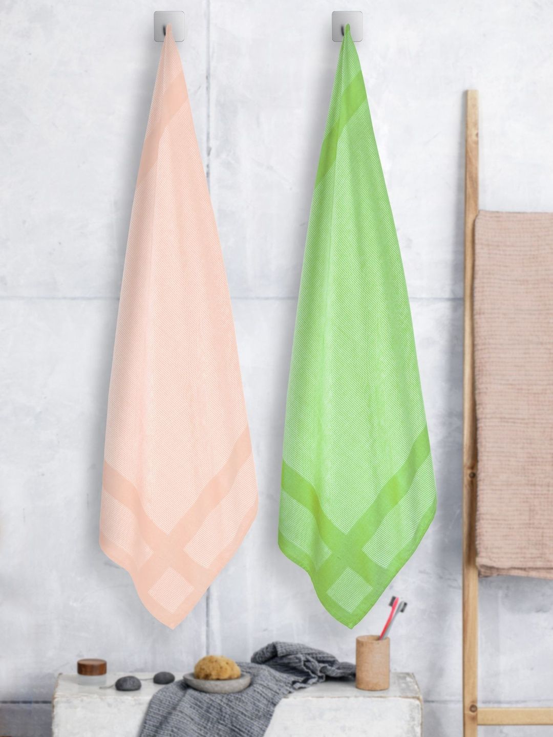 ZAHYA Green & Peach-Coloured 2 Piece Striped Other 250 GSM Towel Set-picture-57
