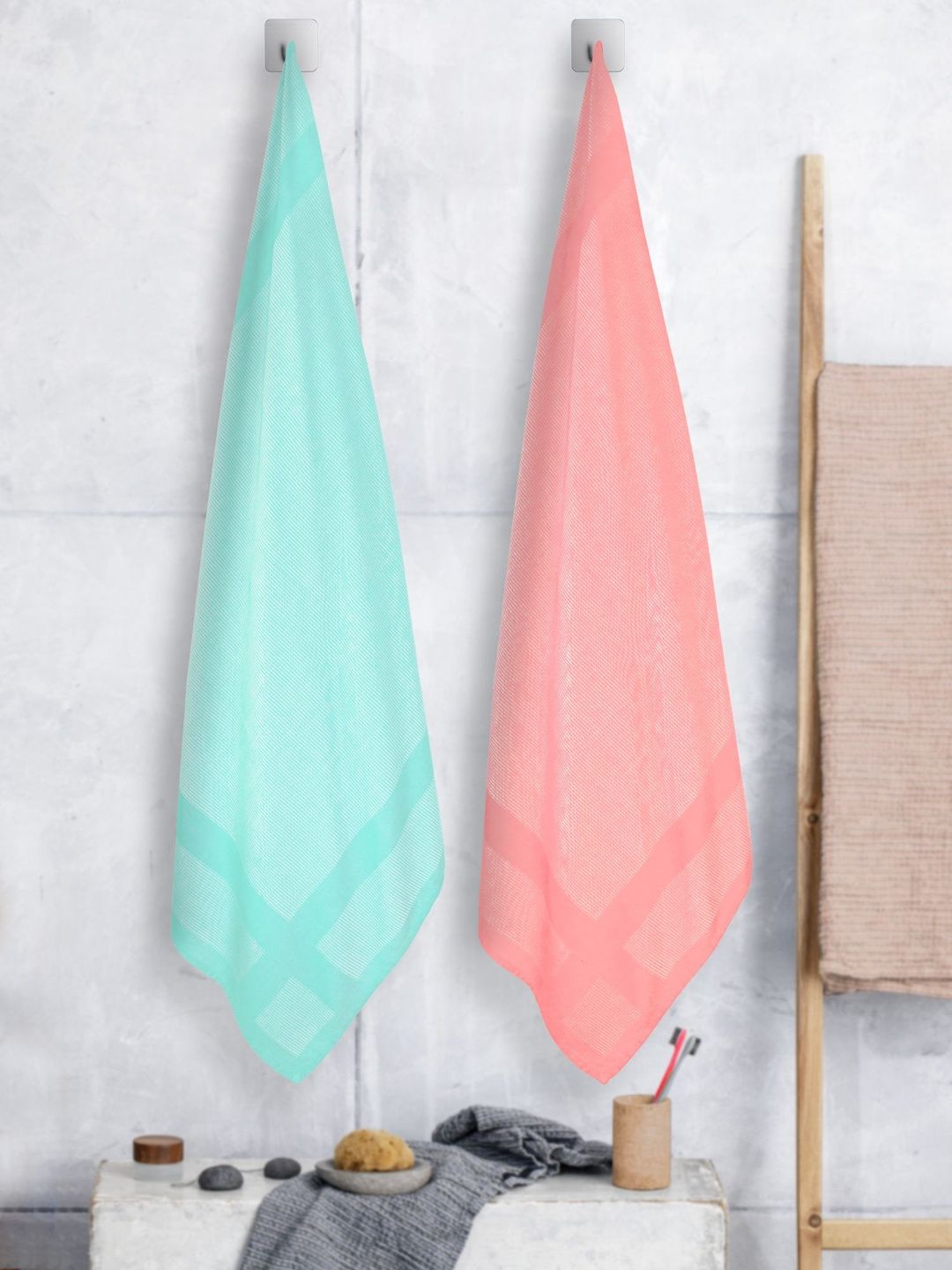 ZAHYA Green & Pink 2 Piece Striped Other 250 GSM Towel Set-picture-32