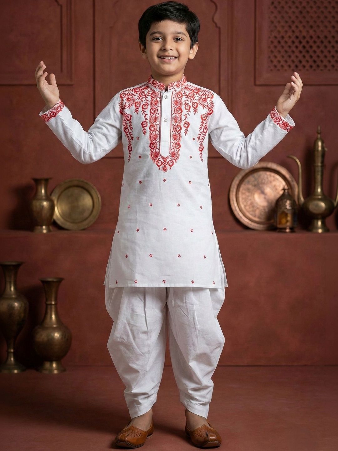 AHLAN APPARELS Boys Ethnic Motifs Embroidered Regular Thread Work Pure Cotton Kurta with Dhoti Pants-picture-35