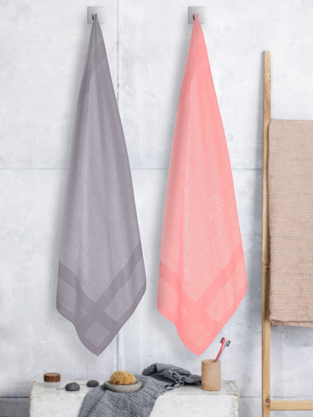 ZAHYA Pink & Grey 2 Piece Striped Other 250 GSM Towel Set-picture-28