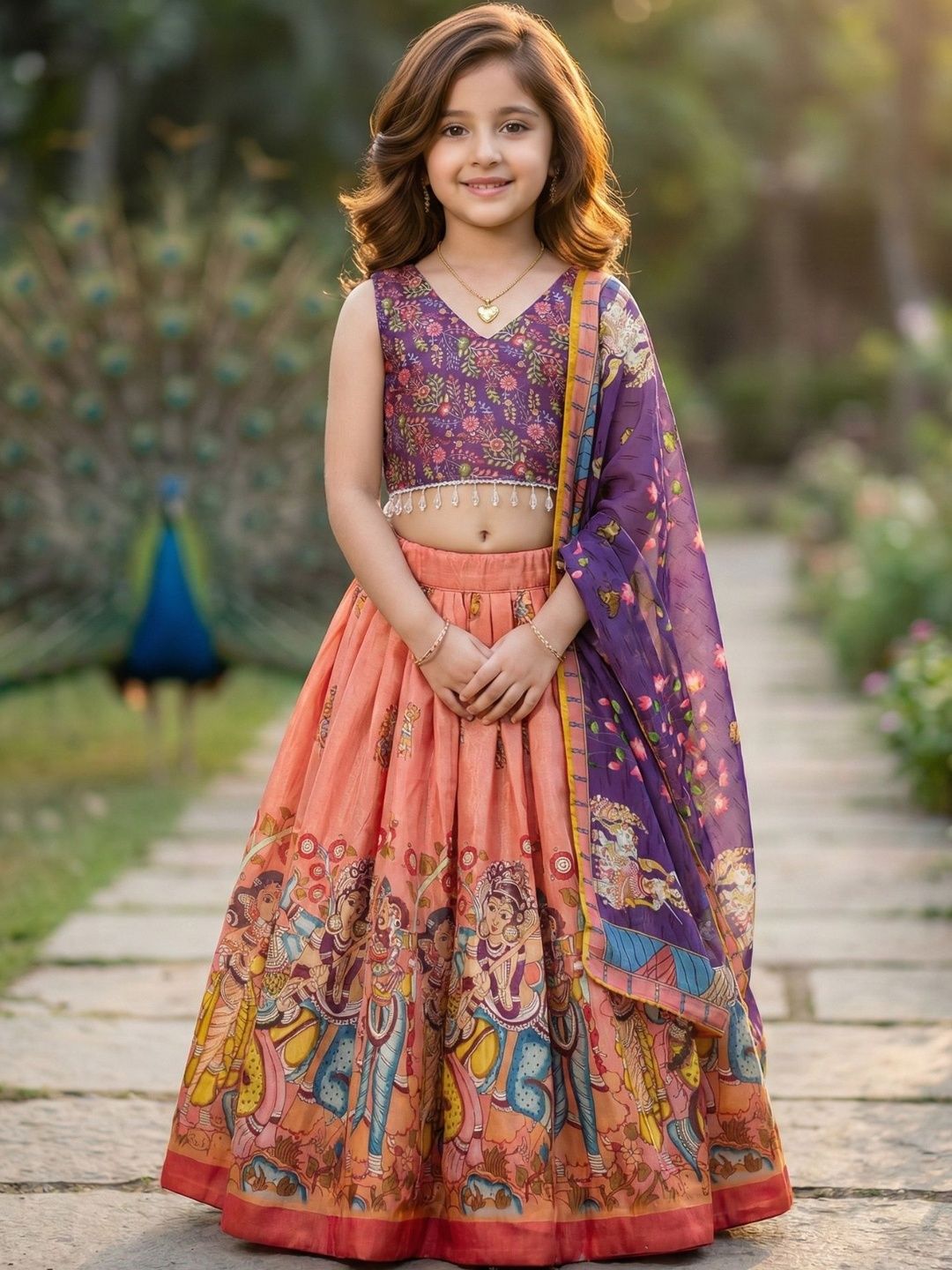 KALINI Girls Printed Kalamkari Ready to Wear Lehenga & Blouse With Dupatta