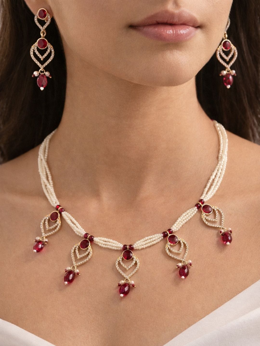 Zeviel Gold-Plated Stone Studded & Beaded Necklace and Earrings-picture-12