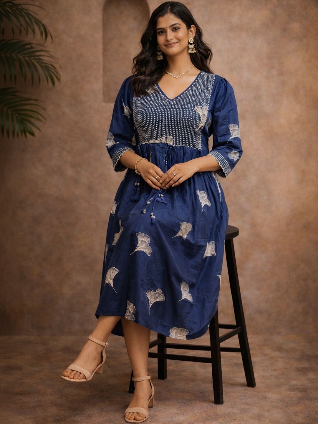 Sangria Floral Printed V-Neck A-Line Midi Dresses-picture-36