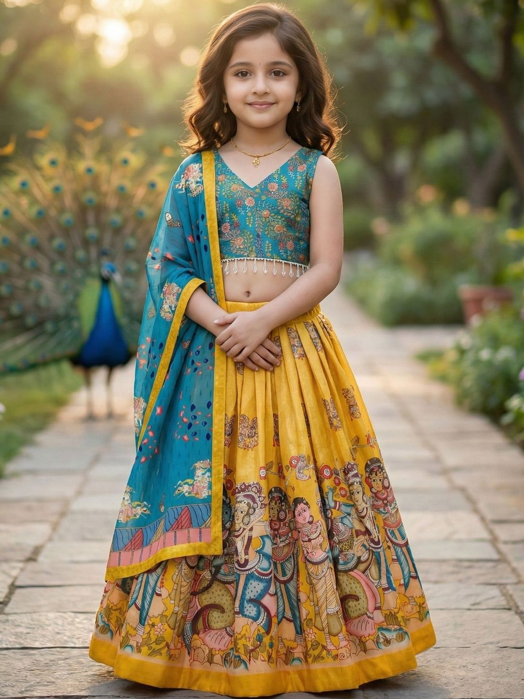 KALINI Girls Printed Foil Print Ready to Wear Lehenga & Blouse With Dupatta