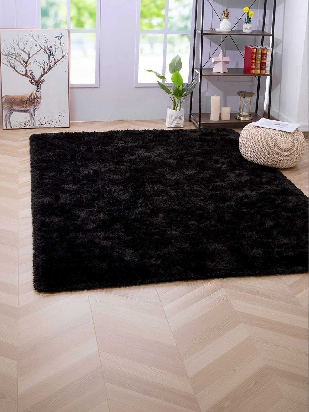 KAYNAT CARPET Black Solid Shaggy Polyester Carpet-picture-30