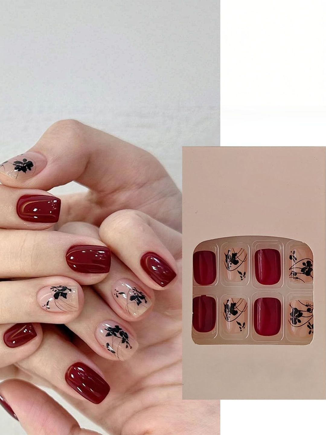S.A.V.I Set Of 24 Reusable Press On Nails - Wine & Nude with Black Floral Design-image-7