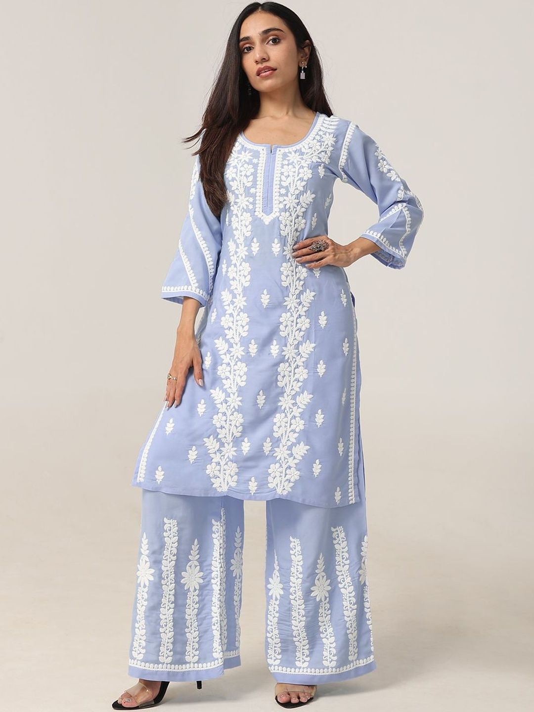 colorkosh Women Ethnic Motifs Embroidered Regular Chikankari Kurta with Palazzos-picture-38