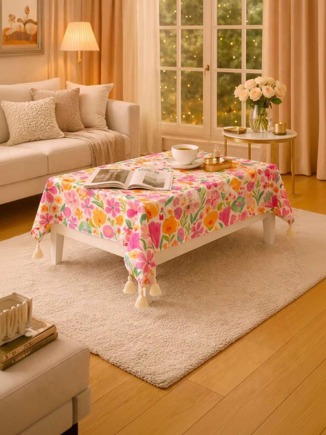 THROWPILLOW Pink Floral Anti-Slip 8-Seater Table Cover with Embellished details-picture-17