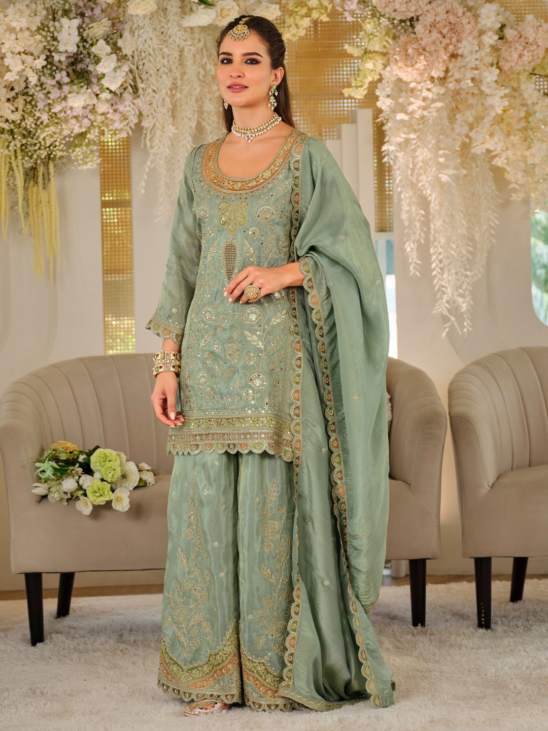 Indo Era Women Ethnic Motifs Embroidered Regular Mirror Work Kurta with Sharara & With Dupatta-picture-38