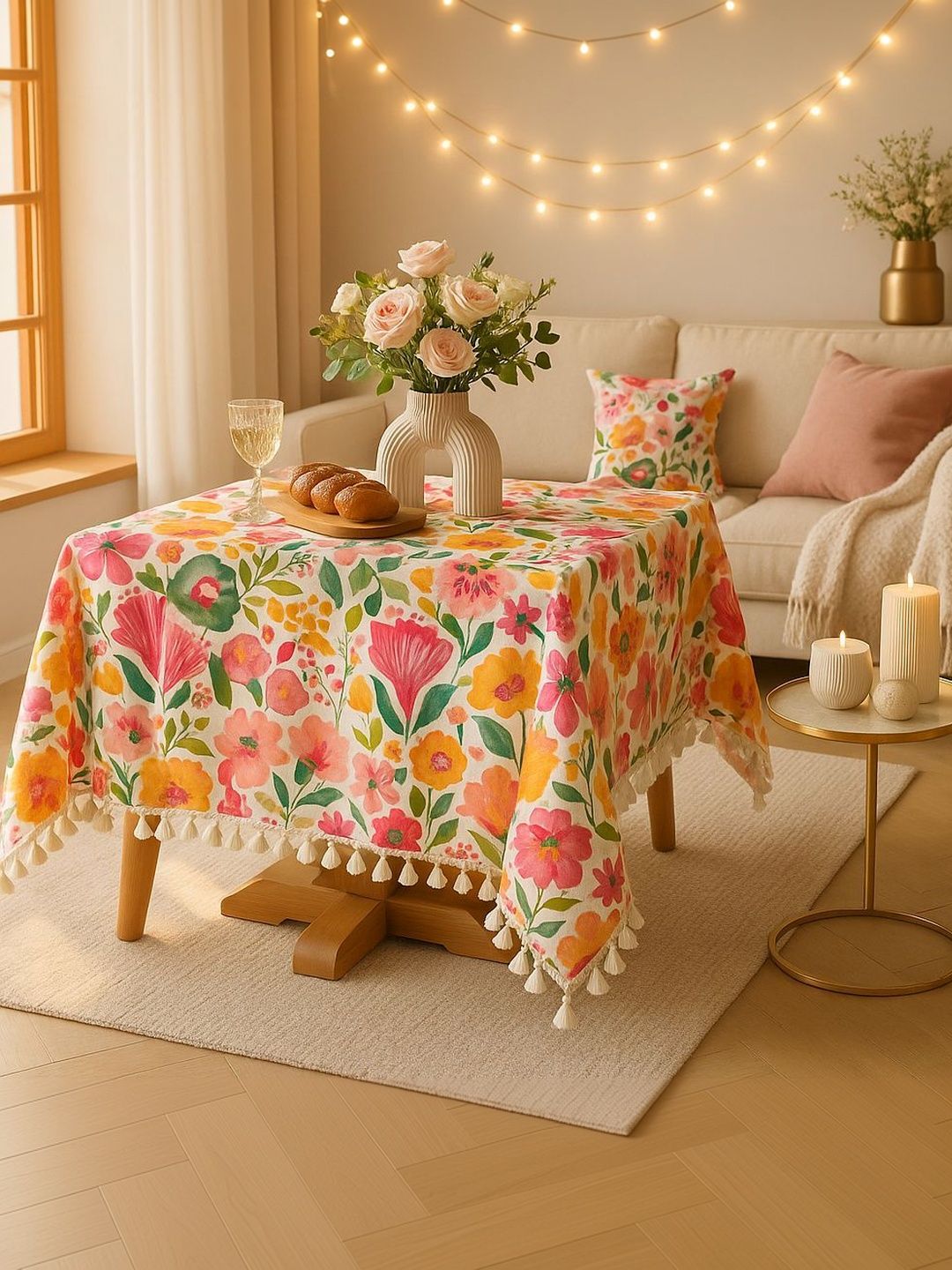 THROWPILLOW Pink Floral Anti-Slip 6-Seater Table Cover with Embellished details-picture-26